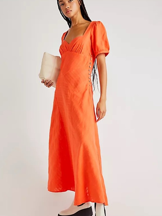 Free People Dresses & Skirts - Free People Vibrant Orange Puff-Sleeve Maxi Dress
